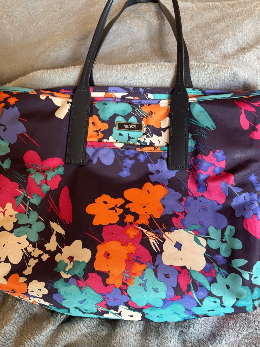TUMI Nylon Floral Print Women's Tote Bag. Zip Top Blue Leather Double Handles.